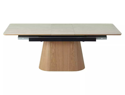 Tavolo moderno allungabile in ceramica colore travertino e gamba a tronco cm 160/200x90x75h