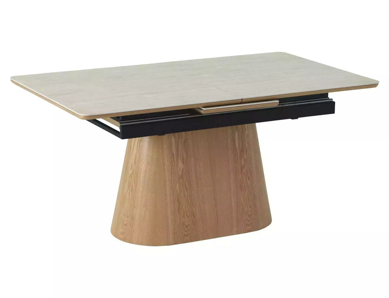 Tavolo moderno allungabile in ceramica colore travertino e gamba a tronco cm 160/200x90x75h