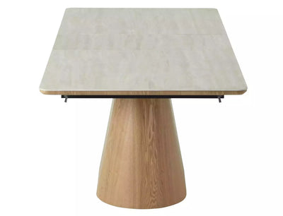 Tavolo moderno allungabile in ceramica colore travertino e gamba a tronco cm 160/200x90x75h