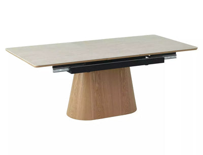 Tavolo moderno allungabile in ceramica colore travertino e gamba a tronco cm 160/200x90x75h