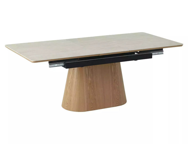 Tavolo moderno allungabile in ceramica colore travertino e gamba a tronco cm 160/200x90x75h