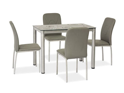 tavolo fisso moderno da cm 80x60 piano in vetro decorato gambe in metallo colore grigio