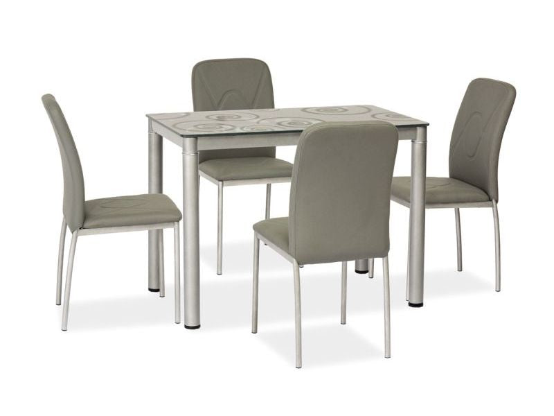tavolo fisso moderno da cm 80x60 piano in vetro decorato gambe in metallo colore grigio