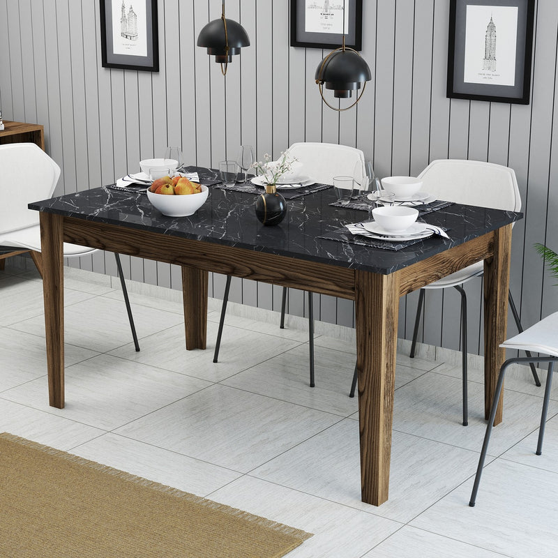 tavolo sala pranzo fisso in legno colore noce piano apribile in marmo nero con 3 vani sotto 