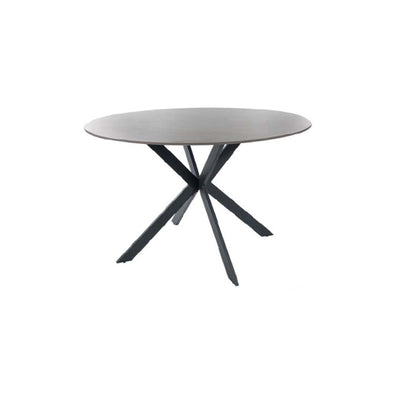 Tavolo moderno tondo in ceramica marmo grigio gambe incrociate in metallo cm 120x73h