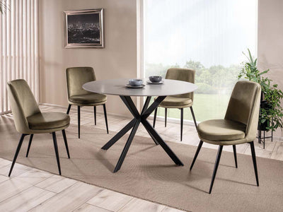tavolo moderno piano tondo in ceramica marmo grigio base in metallo colore nero