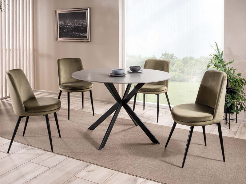 tavolo moderno piano tondo in ceramica marmo grigio base in metallo colore nero