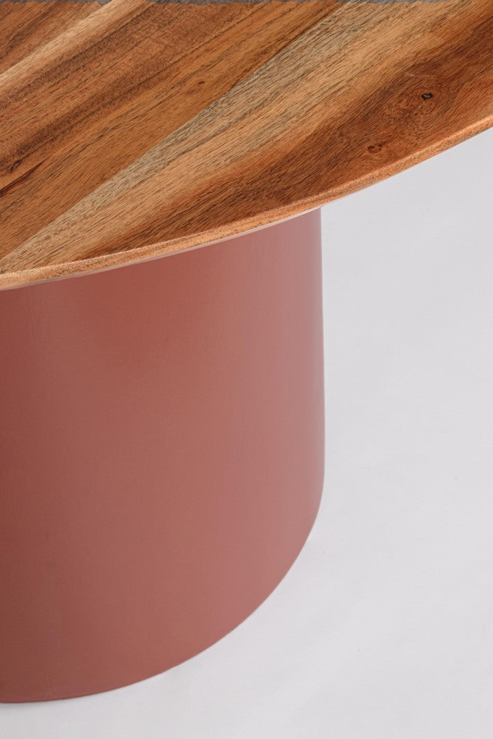 Tavolo rotondo in legno massello con base colore terracotta e piano colore legno cm 115x75h
