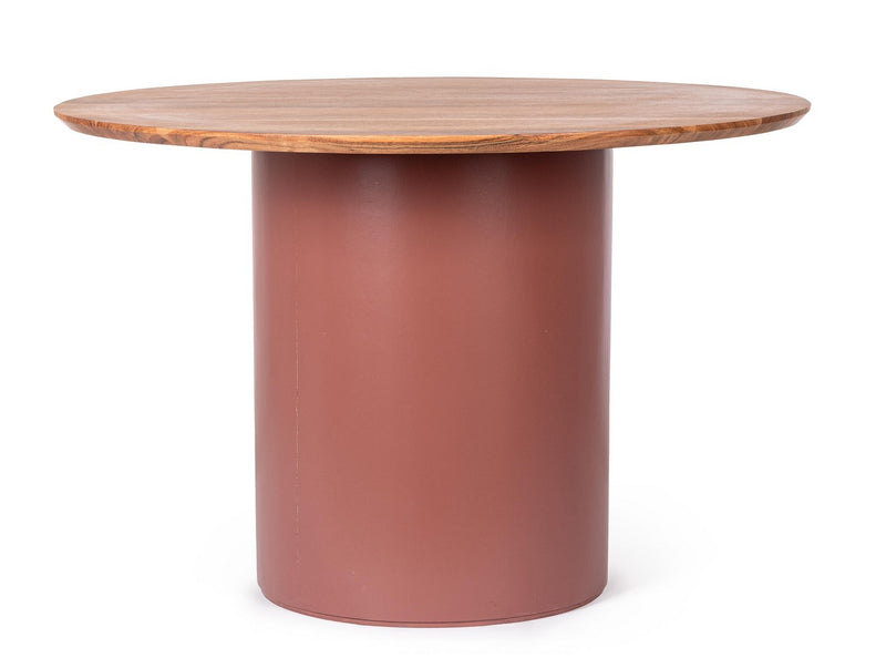 Tavolo rotondo in legno massello con base colore terracotta e piano colore legno cm 115x75h