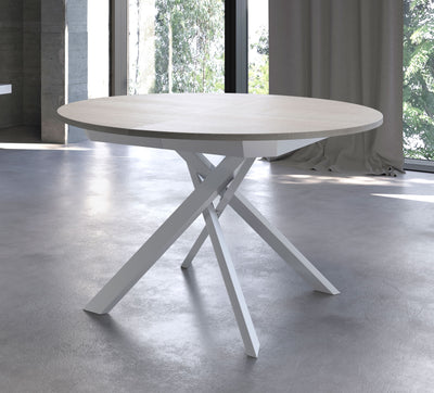 tavolo allungabile tondo piano in legno finitura travertino gambe in metallo bianco
