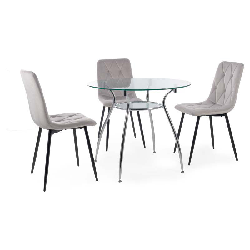tavolo rotondo da salotto design piano e ripiano in vetro trasparente gambe in metallo colore cromo