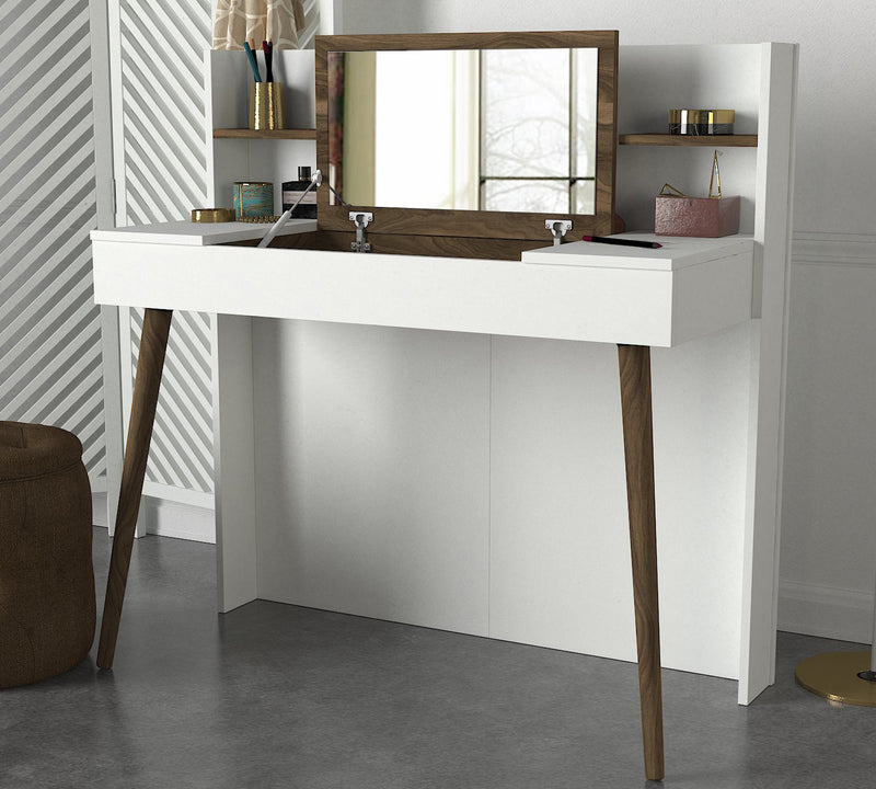 Toeletta postazione trucco design in legno con specchio richiudibile cm 116x52x120h
