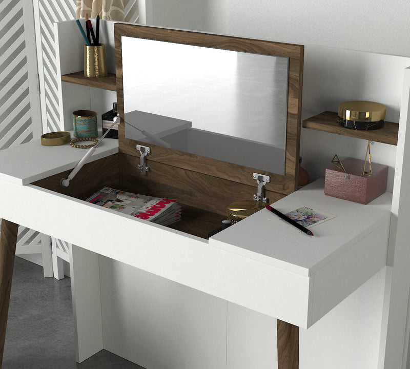Toeletta postazione trucco design in legno con specchio richiudibile cm 116x52x120h