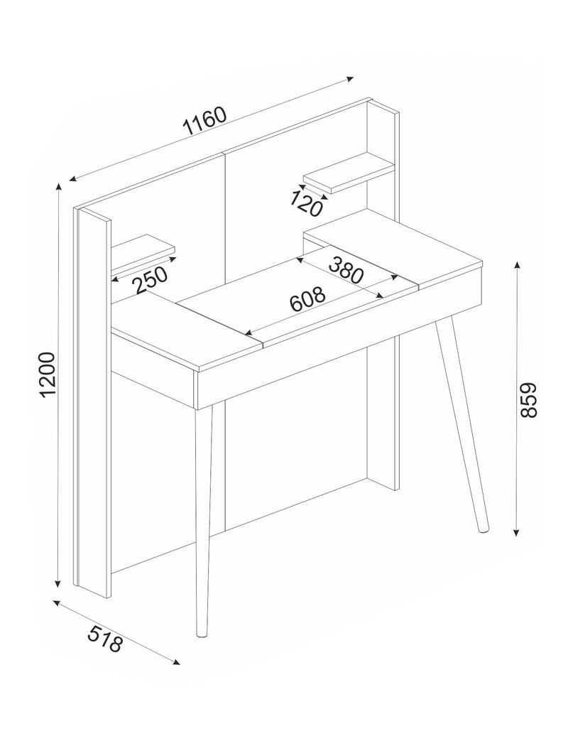 Toeletta postazione trucco design in legno con specchio richiudibile cm 116x52x120h