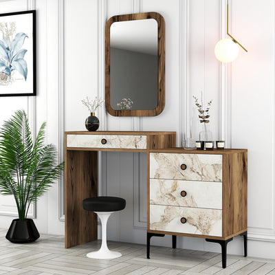 Toilette trucco moderna in legno noce e marmo bianco con specchio cm 124x40x85h