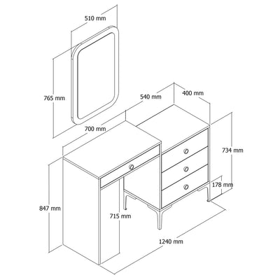 Toilette trucco moderna in legno noce e marmo bianco con specchio cm 124x40x85h