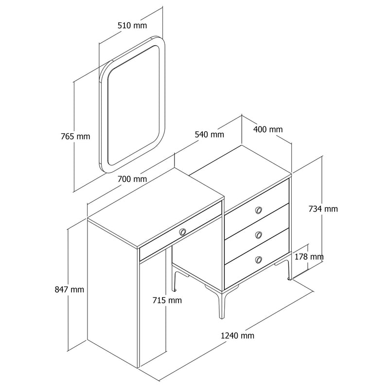 Toilette trucco moderna in legno noce e marmo bianco con specchio cm 124x40x85h