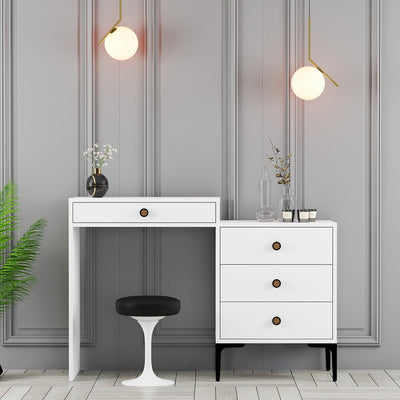 toilette da trucco moderna con consolle un cassetto e cassettiera 4 cassetti in legno bianco