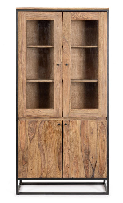 Vetrina con 4 ante in legno sheesham e struttura in acciaio cm 88x40x180h