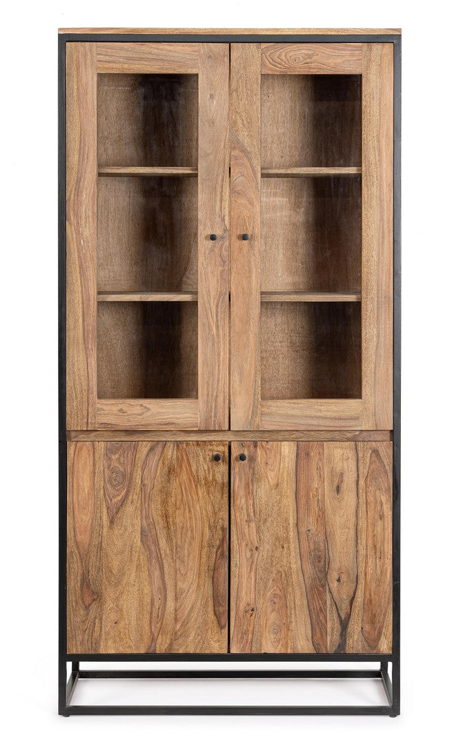 Vetrina con 4 ante in legno sheesham e struttura in acciaio cm 88x40x180h