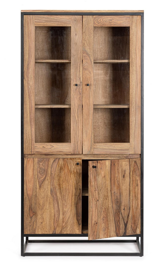 Vetrina con 4 ante in legno sheesham e struttura in acciaio cm 88x40x180h