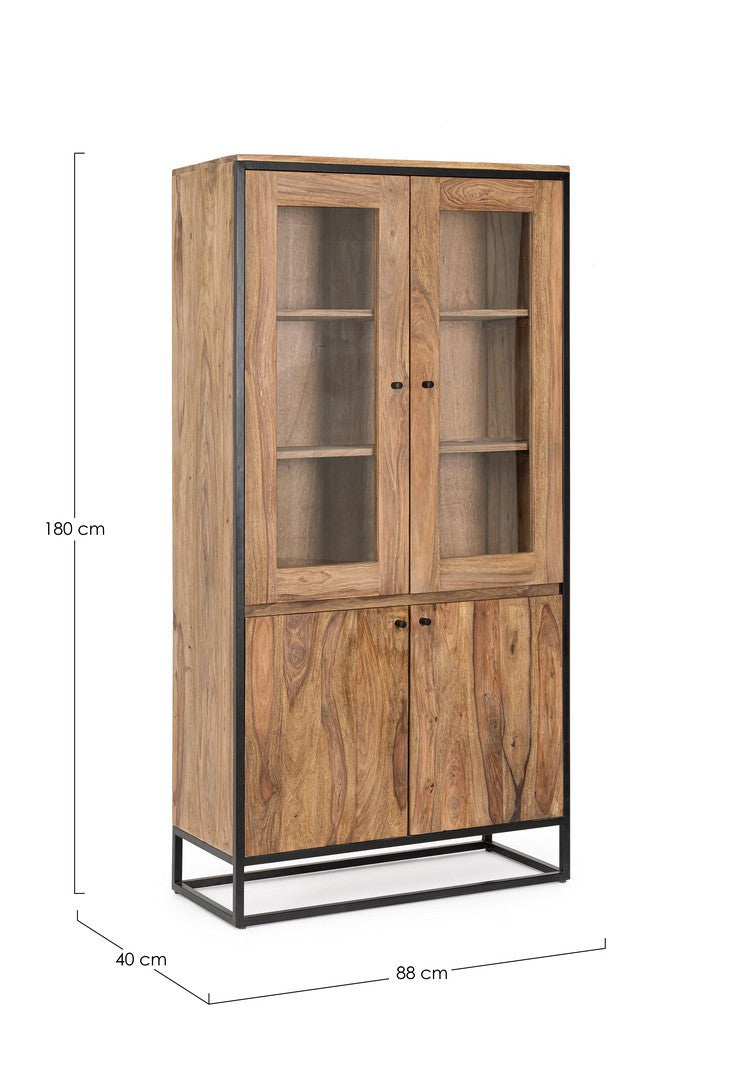 Vetrina con 4 ante in legno sheesham e struttura in acciaio cm 88x40x180h