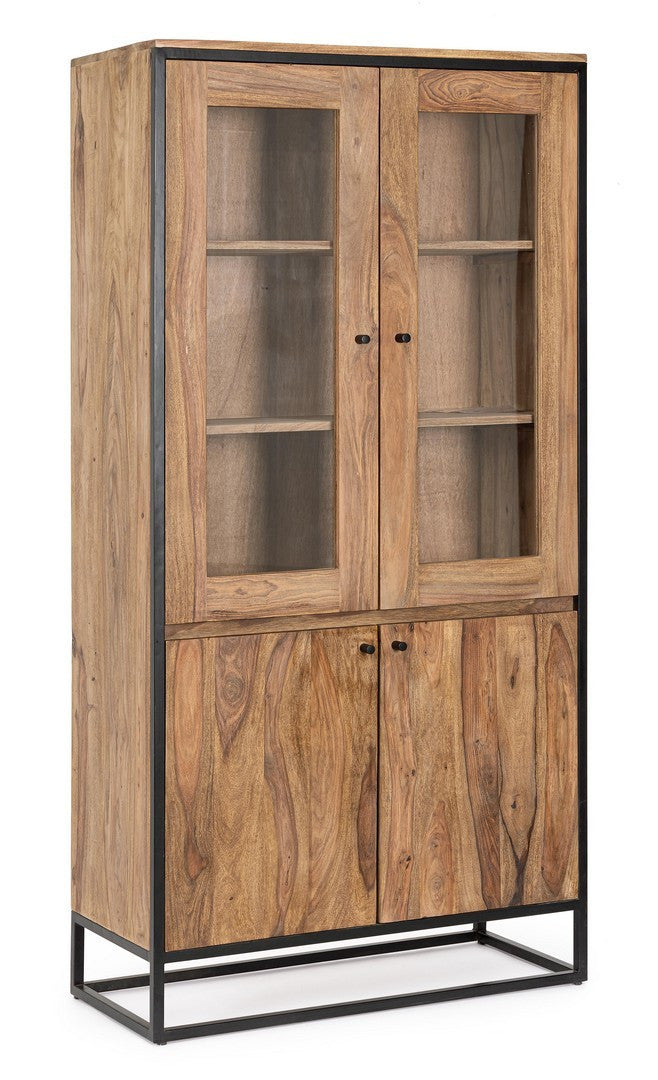 Vetrina con 4 ante in legno sheesham e struttura in acciaio cm 88x40x180h