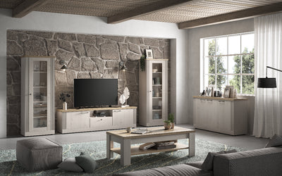 Demis - Vetrina linea country colore meringa e top legno chiaro 1 anta cm 72x44x192h