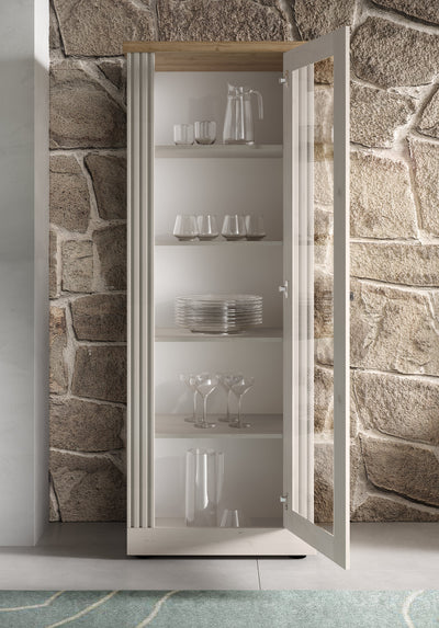 Demis - Vetrina linea country colore meringa e top legno chiaro 1 anta cm 72x44x192h