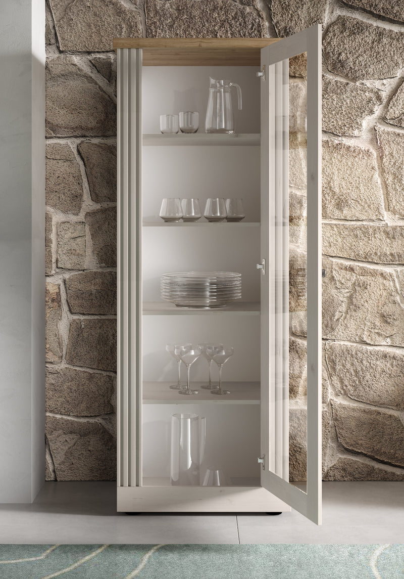 Demis - Vetrina linea country colore meringa e top legno chiaro 1 anta cm 72x44x192h