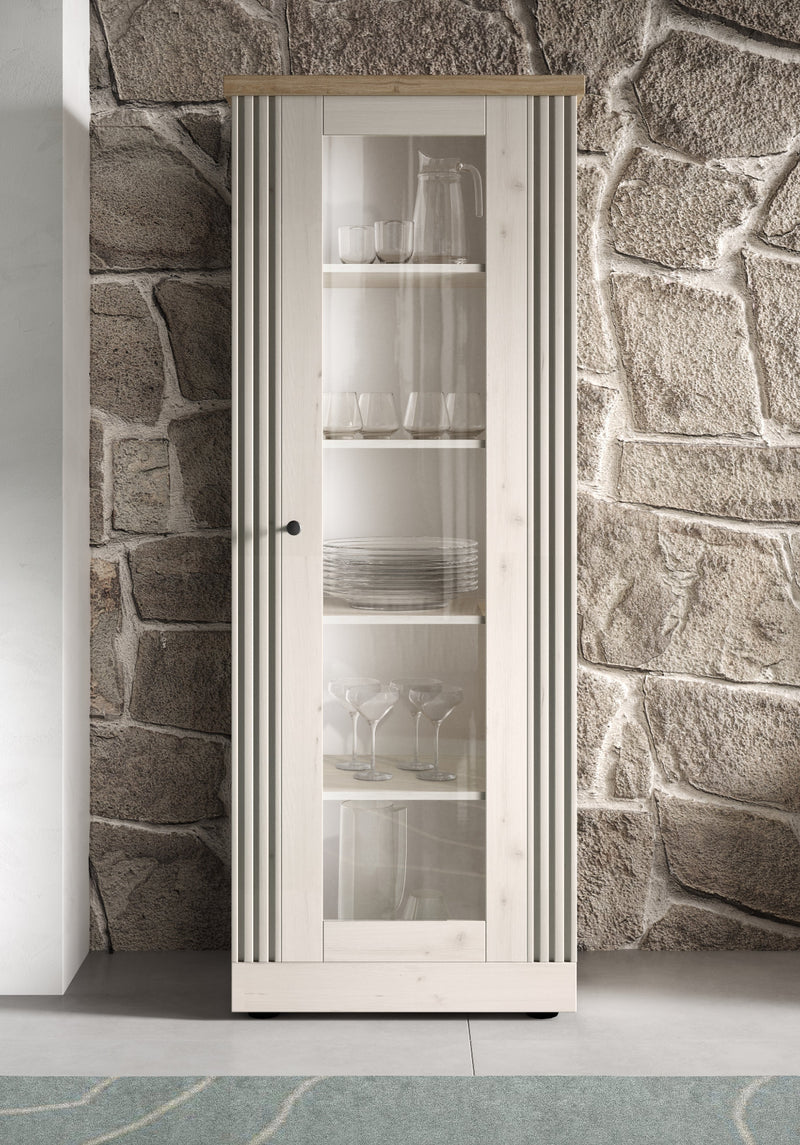 Demis - Vetrina linea country colore meringa e top legno chiaro 1 anta cm 72x44x192h