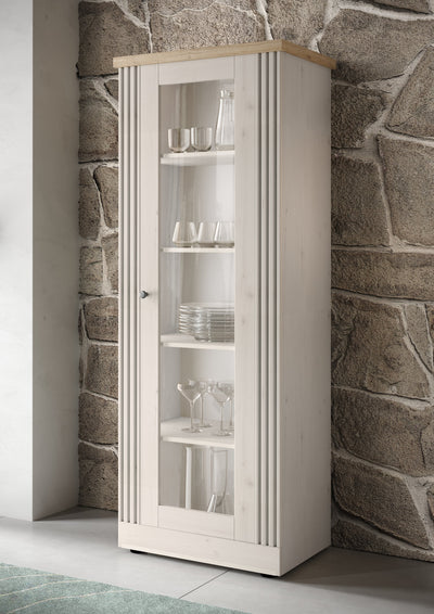 Demis - Vetrina linea country colore meringa e top legno chiaro 1 anta cm 72x44x192h
