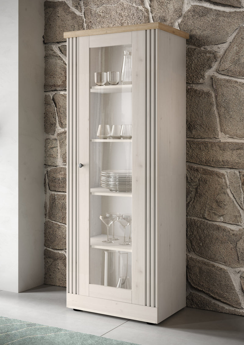 Demis - Vetrina linea country colore meringa e top legno chiaro 1 anta cm 72x44x192h
