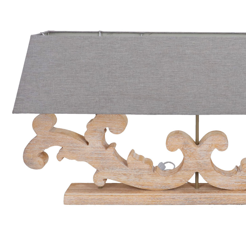 Lampada da tavolo con piedistallo decorato in legno