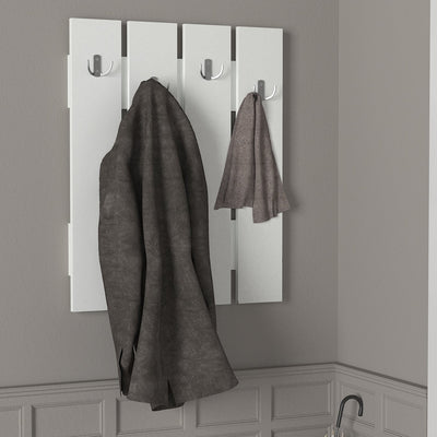 Appendiabiti da parete moderno in legno bianco opaco a 4 ganci. Dimensioni cm 65x4x80h