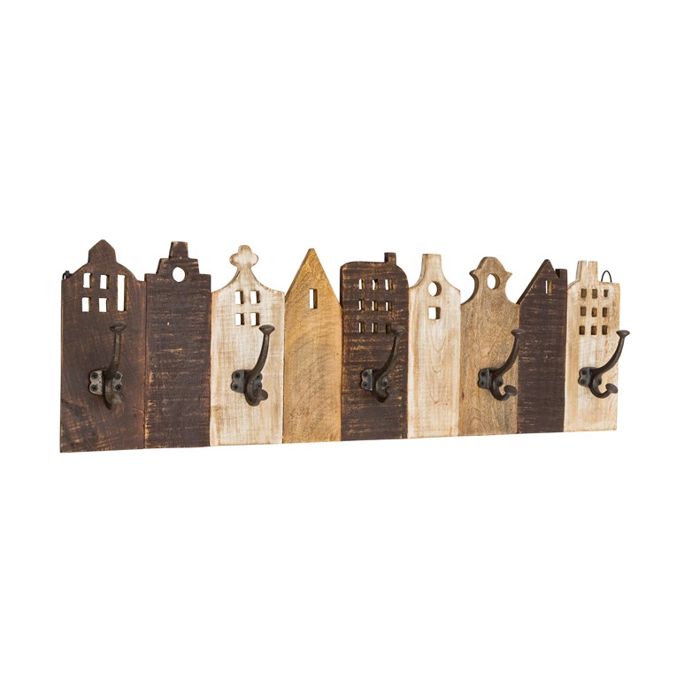 Appendiabiti da parete in legno 5 ganci stile country cm 81x10x25h