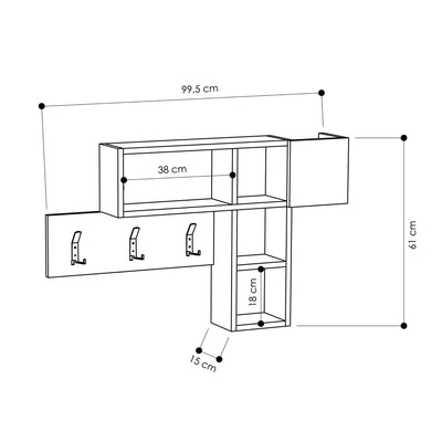 Appendiabiti design da parete con contenitore 4 vani a giorno con ganci cm 100x15x61h
