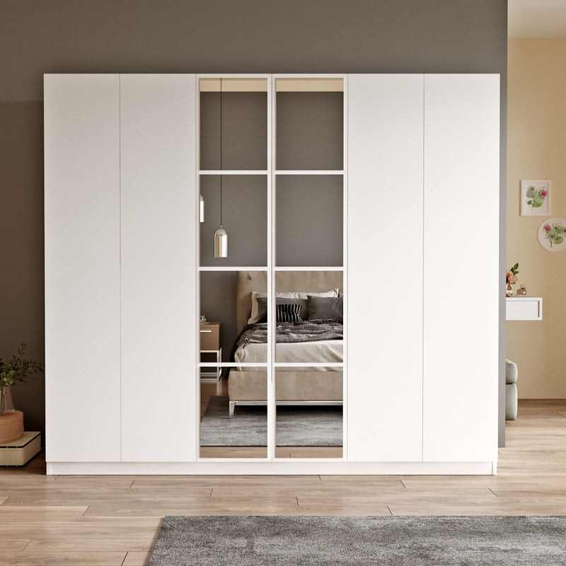 Armadio stile moderno in legno color bianco opaco, 2 ante a specchio,3 aste appendiabiti e 2 cassetti. Dimensioni cm 208x50x184h