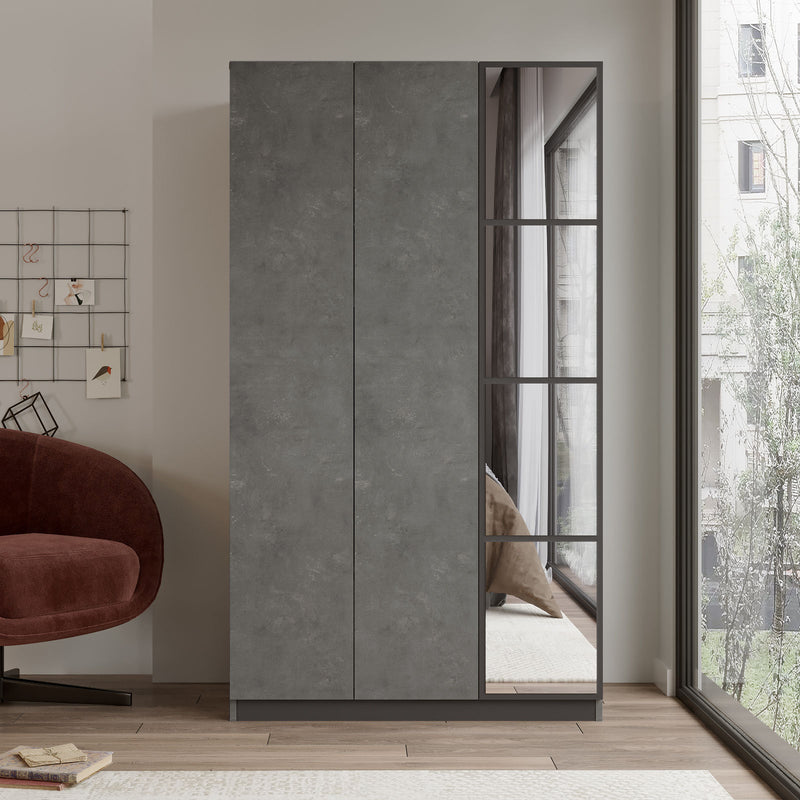 Armadio alto moderno in legno con 3 ante di cui una a specchio, all&