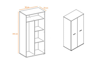 Armadio due ante design moderno in legno naturale e bianco cm 90x55x191h