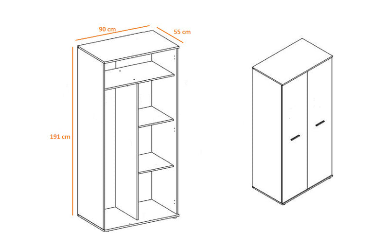 Armadio due ante design moderno in legno naturale e bianco cm 90x55x191h