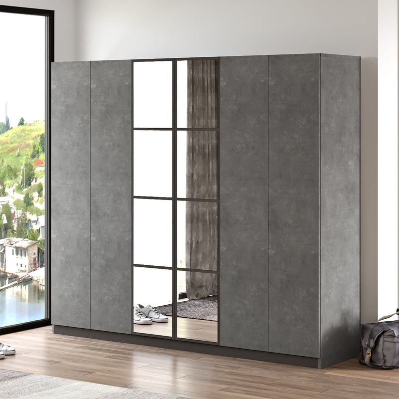 Armadio design 2 ante a specchio 3 appendiabiti cassetti cm 208x50x184h - vari colori