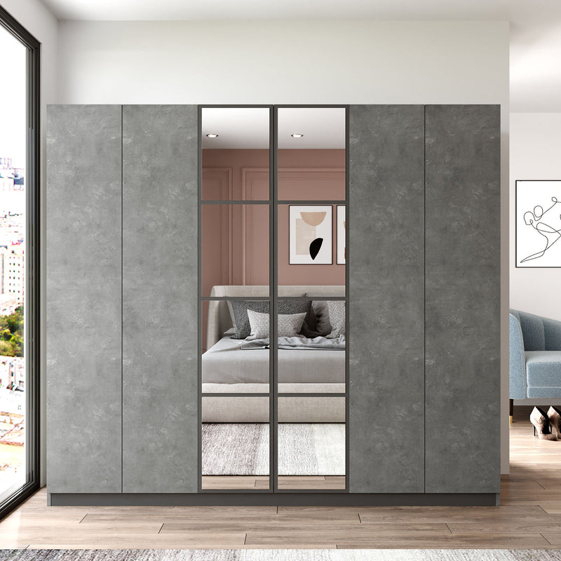 Armadio design 2 ante a specchio 3 appendiabiti cassetti cm 208x50x184h - vari colori