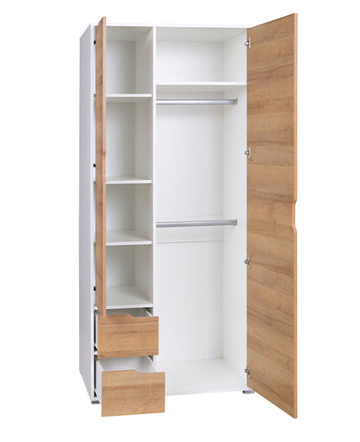 armadio moderno in legno 2 ante 2 cassetti colore bianco opaco e naturale
