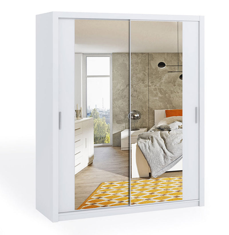 armadio moderno scorrevole in legno bianco opaco con specchio