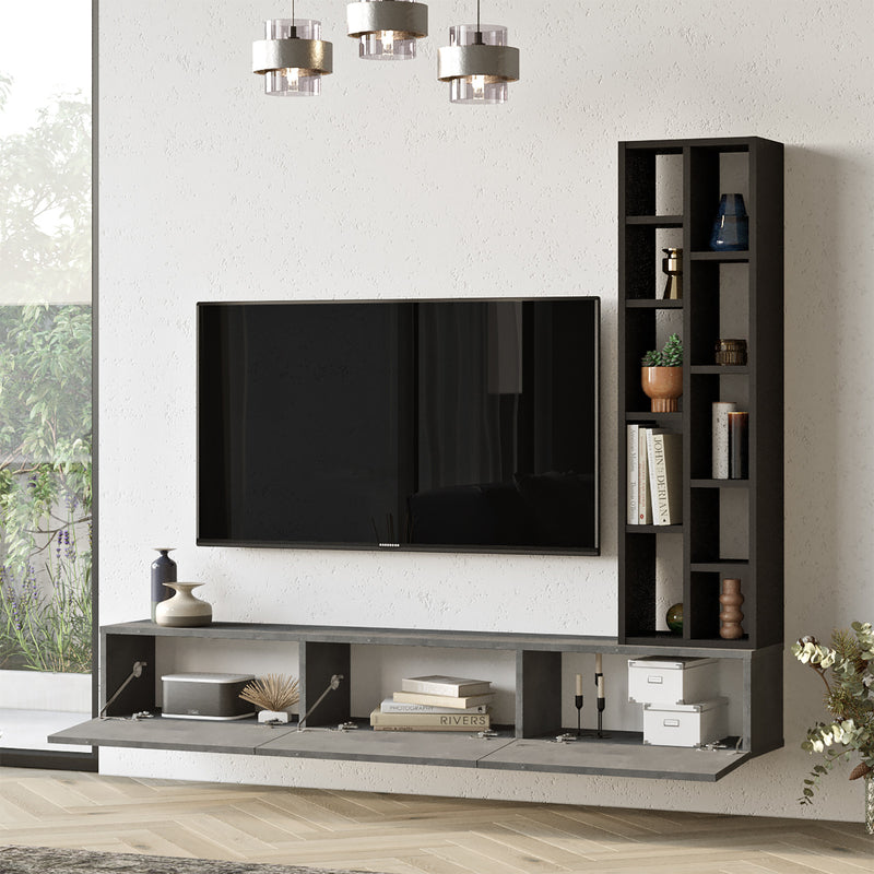 Mobile tv sospeso in legno moderno 3 ante a ribalta con scaffale libreria - vari colori