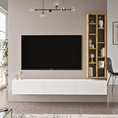 Mobile tv sospeso in legno moderno 3 ante a ribalta con scaffale libreria - vari colori