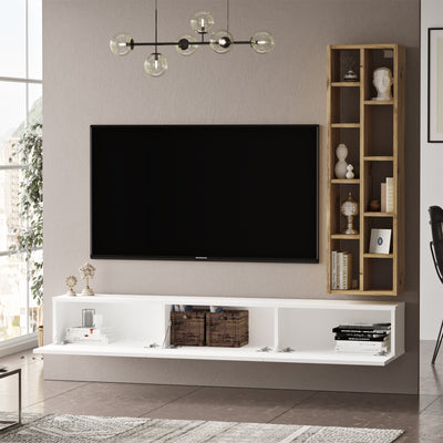 Mobile tv sospeso in legno moderno 3 ante a ribalta con scaffale libreria - vari colori