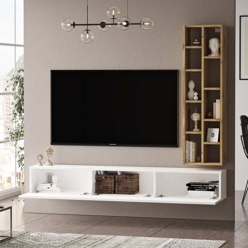 Mobile tv sospeso in legno moderno 3 ante a ribalta con scaffale libreria - vari colori