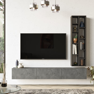 Mobile porta televisore in stile moderno in legno con mobile tv a 3 ante a ribalta e uno scaffale libreria accanto: disponibile in argento opaco e nero opaco; bianco opaco e quercia opaco